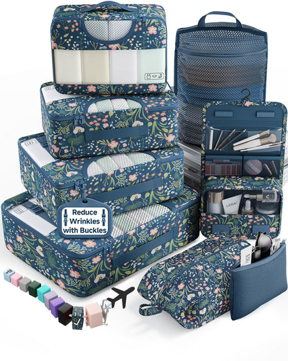 Veken 10 Set/8 Set Packing Cubes for Travel Essentials,Anti-Wrinkle Buckled Suitcase Organizer for Shoe & Toiletry Bag,Carry On Luggage Bag for Airplane & College Dorm Room Accessories,Women Men Gifts