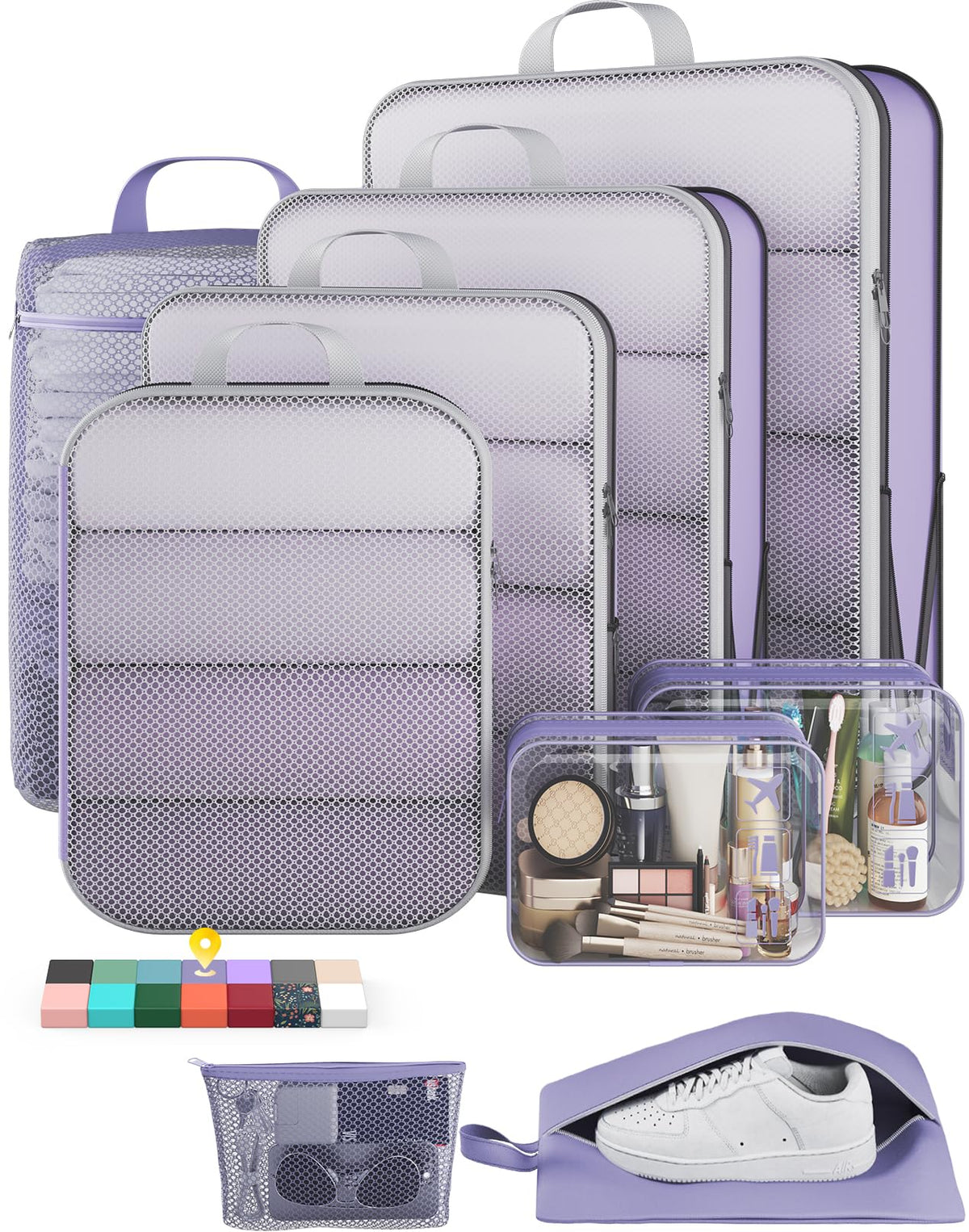 Veken 9/11 Set Compression Packing Cubes for Cruise Travel Essentials,Compressible Expandable Luggage Suitcase Organizer Bags for Clothing,Space Saver Bags with Over 1000 pcs of Mesh Holes(Beige)