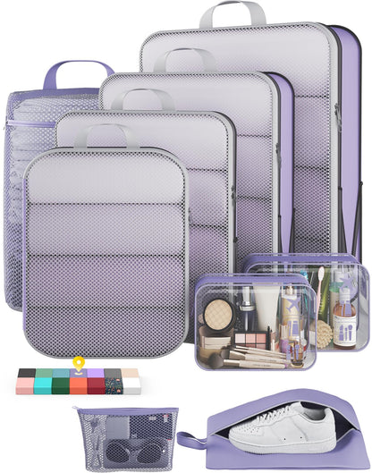 Veken 9/11 Set Compression Packing Cubes for Cruise Travel Essentials,Compressible Expandable Luggage Suitcase Organizer Bags for Clothing,Space Saver Bags with Over 1000 pcs of Mesh Holes(Beige)
