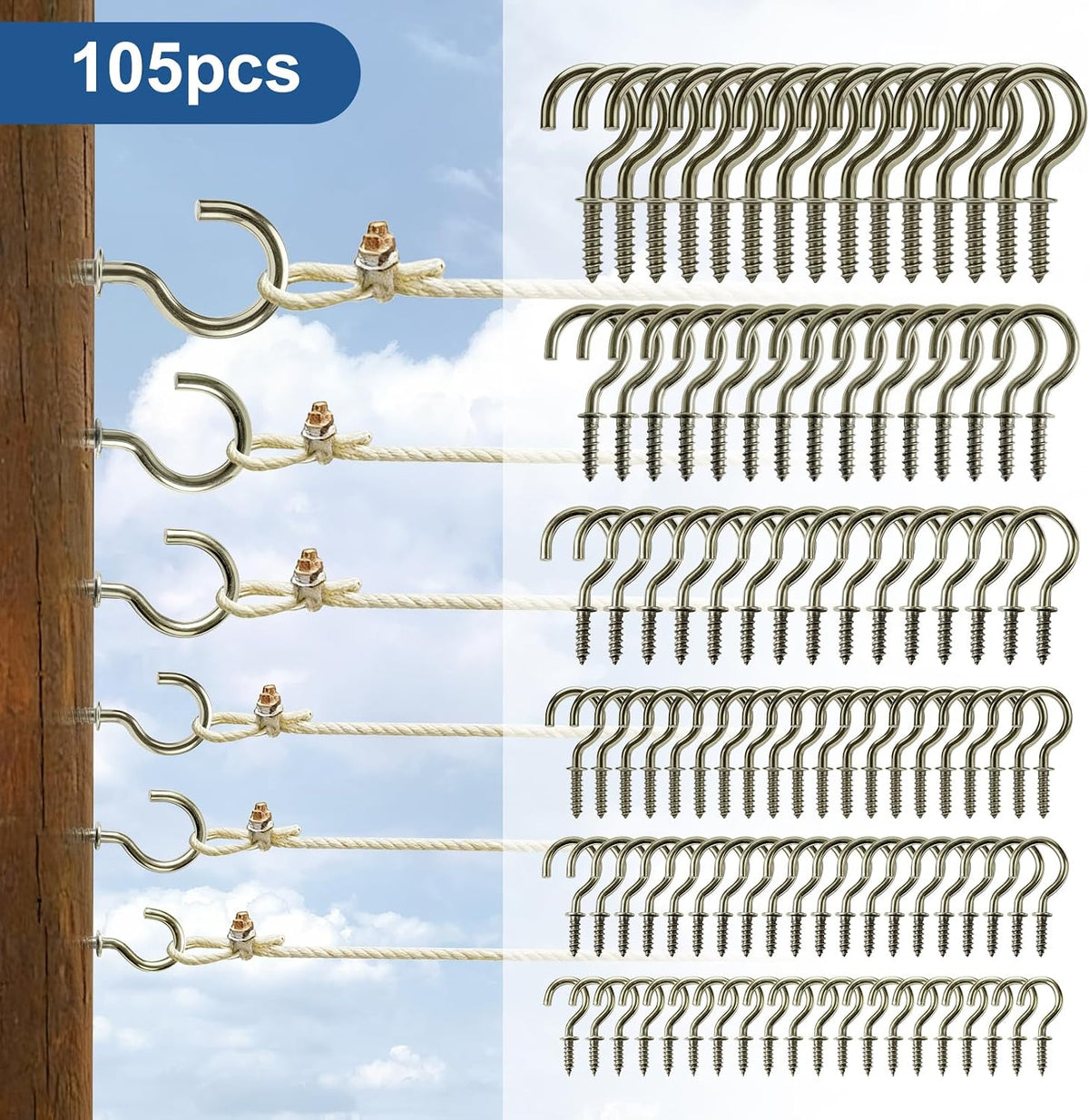 105 Pcs Cup Hooks Bronze Screw-in 6 Sizes Metal Ceiling