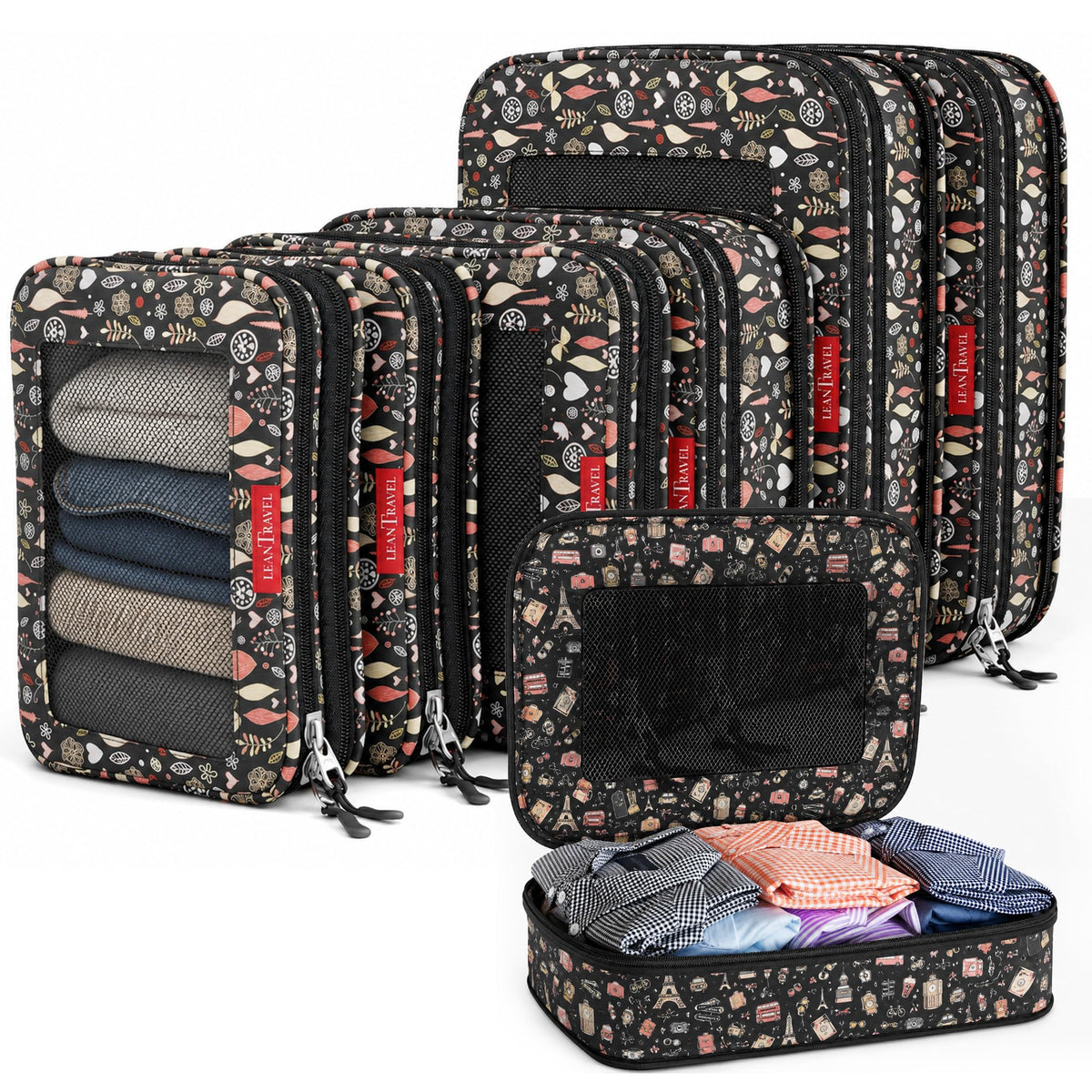 LeanTravel Premium Compression Packing Cubes for Travel - Suitcase Organizer Bags with Double Zipper & Breathable Mesh Panel - Space Saving Carry On Luggage Essentials (6-Pack, Grey)