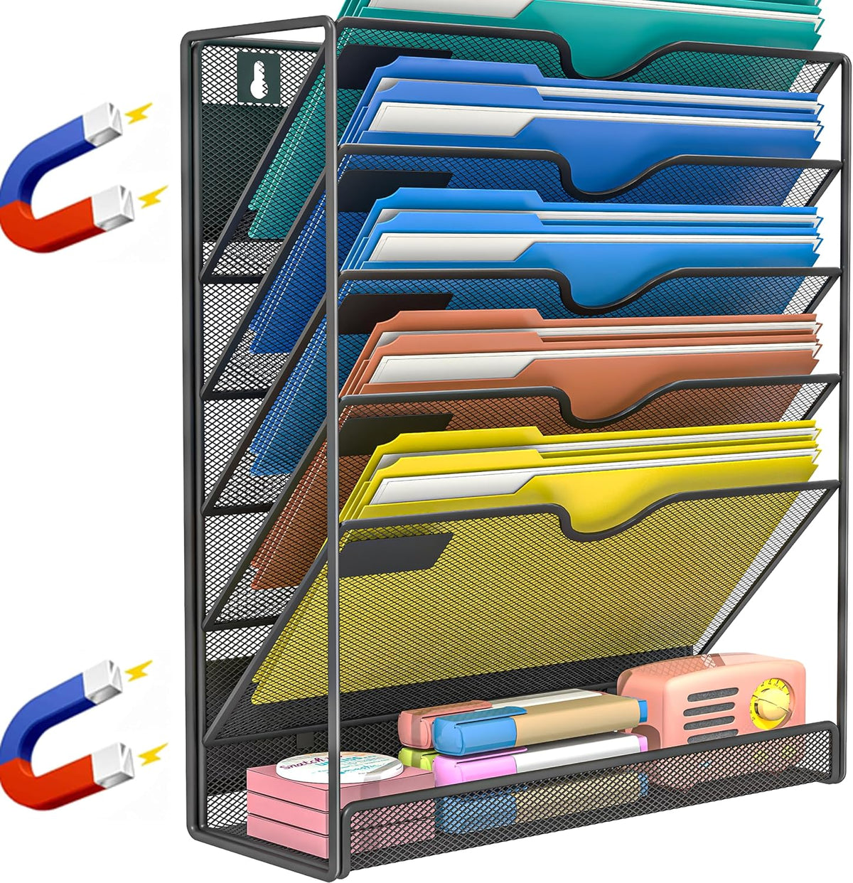 6-Tier Magnetic File Holder, No Drilling Installation File Cabinet Organizer,Black Magnetic File Holders, Magnetic Paper Holder for Refrigerator,File Cabinets, Whiteboard