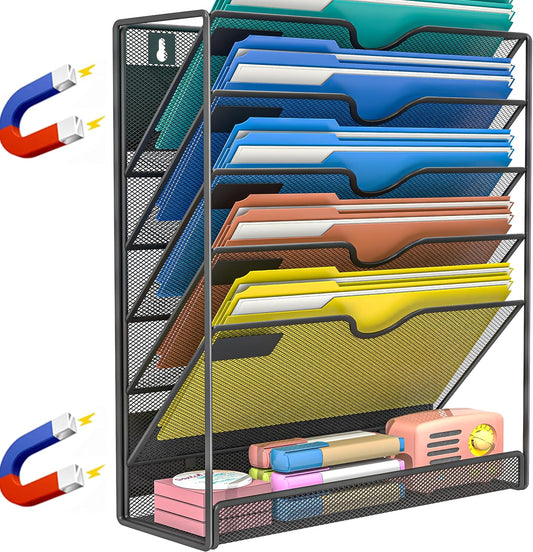 6-Tier Magnetic File Holder, No Drilling Installation File Cabinet Organizer,Black Magnetic File Holders, Magnetic Paper Holder for Refrigerator,File Cabinets, Whiteboard