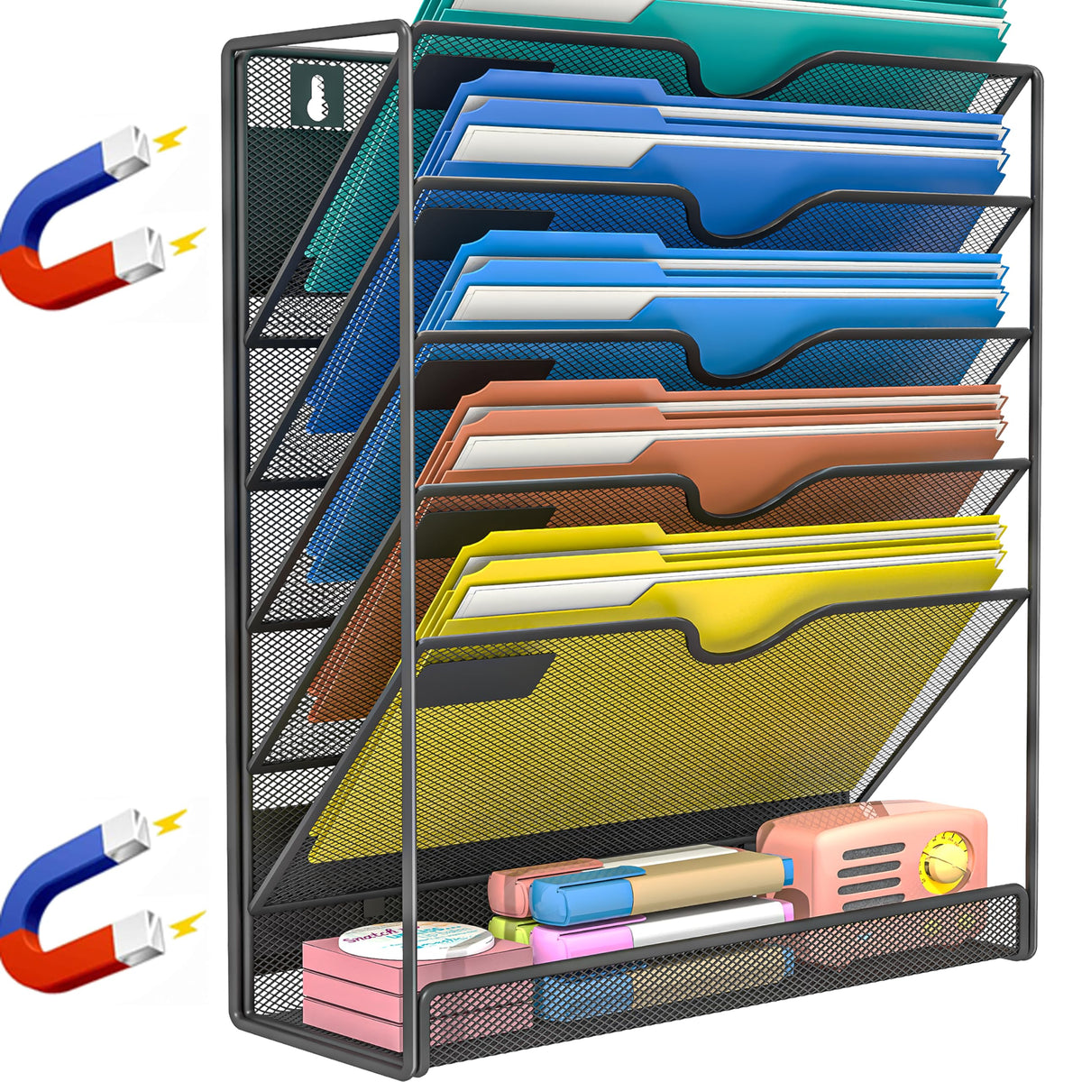 6-Tier Magnetic File Holder, No Drilling Installation File Cabinet Organizer,Black Magnetic File Holders, Magnetic Paper Holder for Refrigerator,File Cabinets, Whiteboard