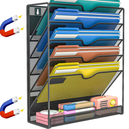 6-Tier Magnetic File Holder, No Drilling Installation File Cabinet Organizer,Black Magnetic File Holders, Magnetic Paper Holder for Refrigerator,File Cabinets, Whiteboard