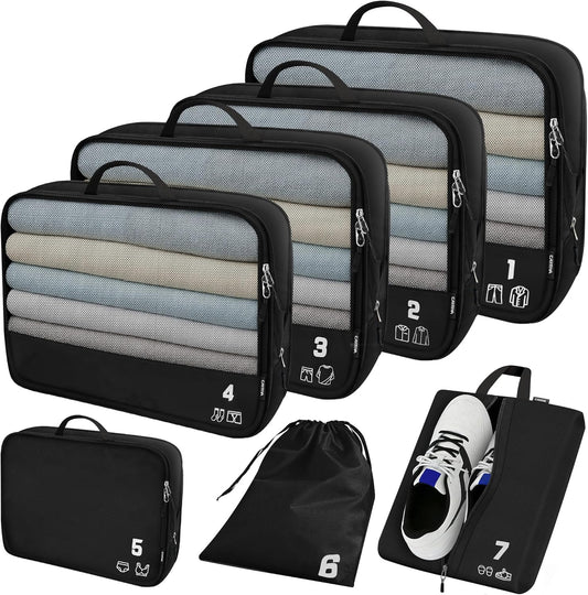 7 Set Compression Packing Cubes for Travel, Luggage Organizer Bags for Suitcases with Mesh Panels, Shoe Bag & Toiletry Bag for Carry On, Vacation & Cruise Essentials (Black)