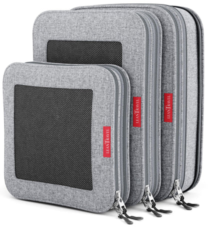 LeanTravel Premium Compression Packing Cubes for Travel - Suitcase Organizer Bags with Double Zipper & Breathable Mesh Panel - Space Saving Carry On Luggage Essentials (6-Pack, Grey)